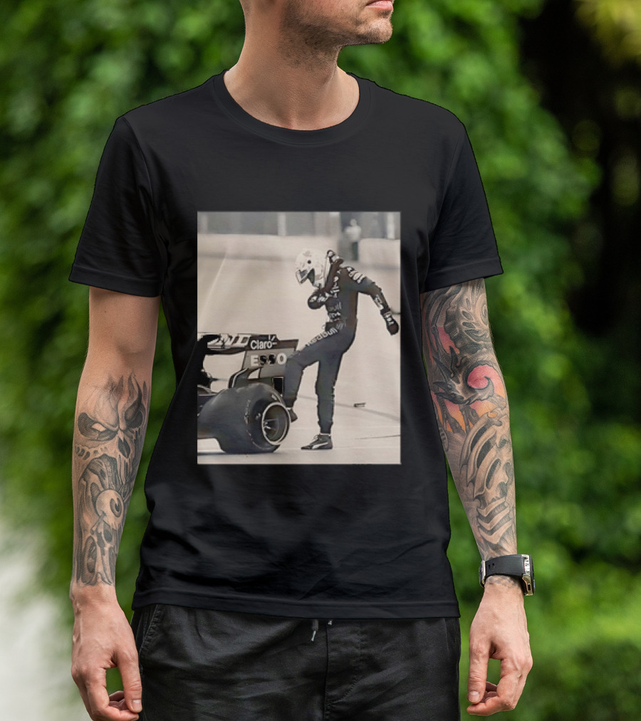 Max Verstappen Kicks Racing Tire Trackside In Racing Suit T-Shirt