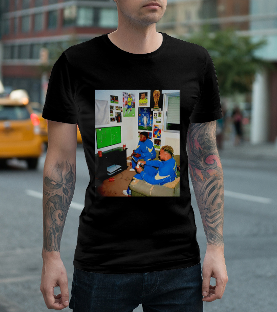 Brazil National Team Neymar Vinícius Júnior Playing Video Games Football S T-Shirt