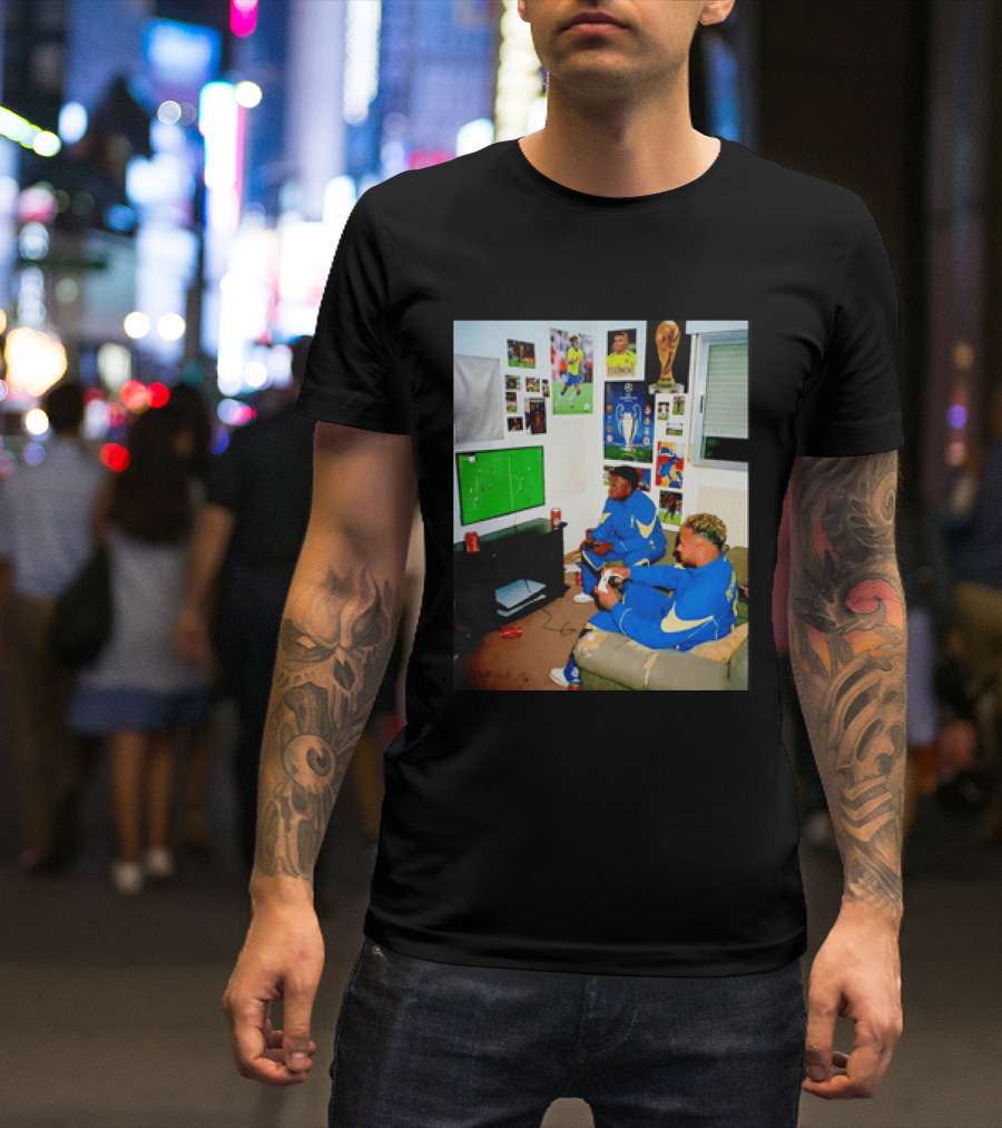 Brazil National Team Neymar Vinícius Júnior Playing Video Games Football S T-Shirt