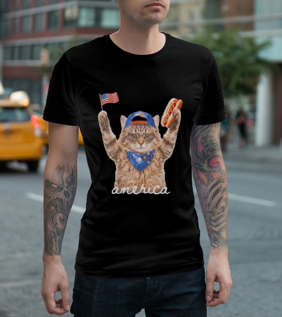 Patriotic Cat American Flag Hot Dog America Fourth Of July Celebration T-Shirt