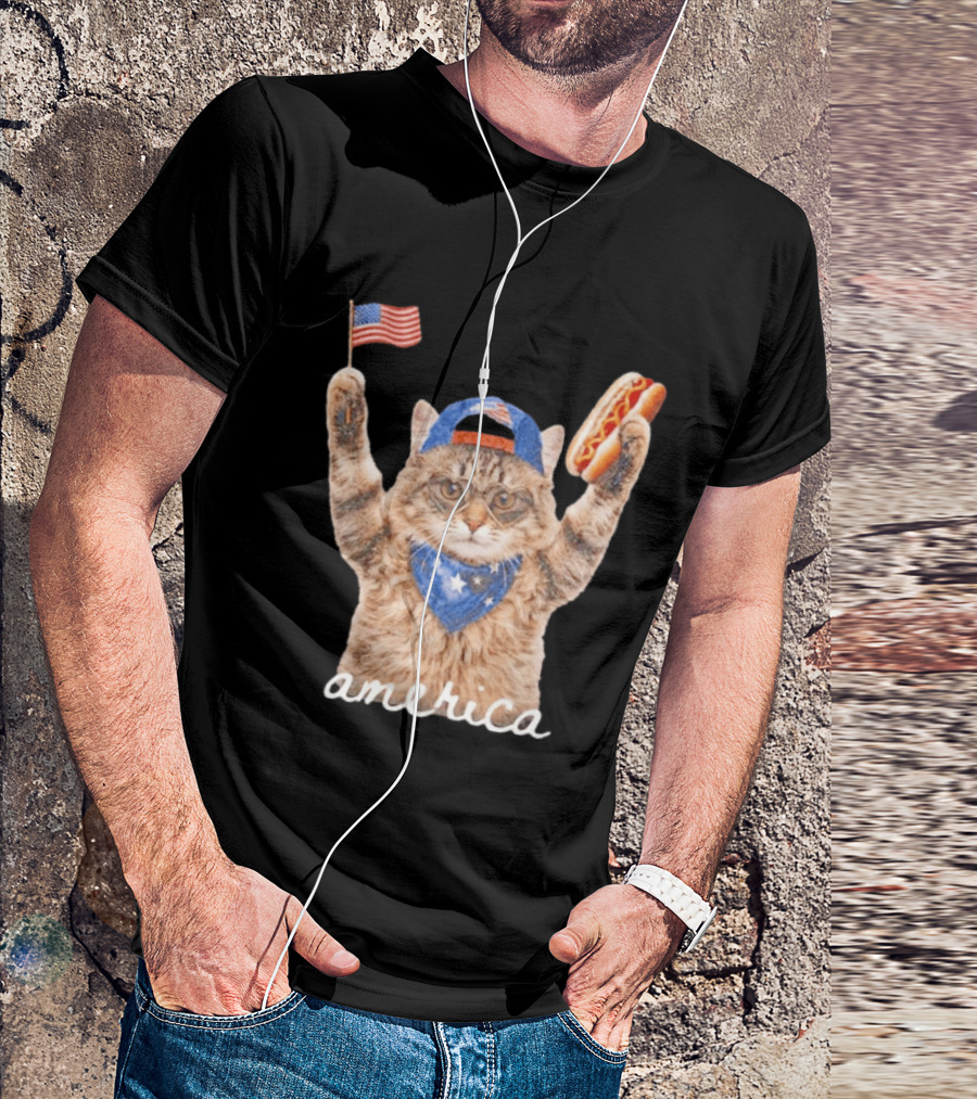 Patriotic Cat American Flag Hot Dog America Fourth Of July Celebration T-Shirt