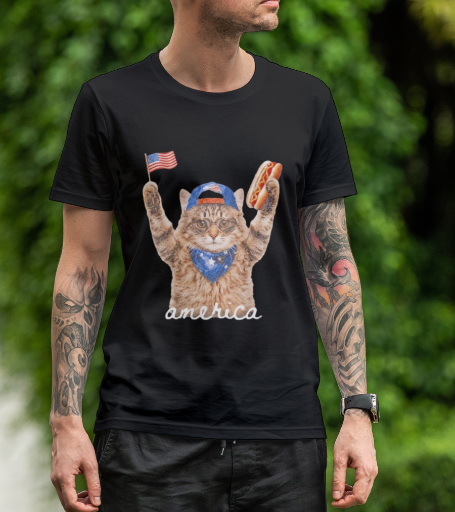 Patriotic Cat American Flag Hot Dog America Fourth Of July Celebration T-Shirt