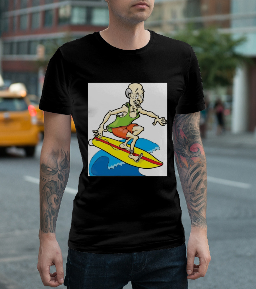 Retired Man Surfing Funny Cartoon Boomer On Yellow Board With Blue Waves T-Shirt