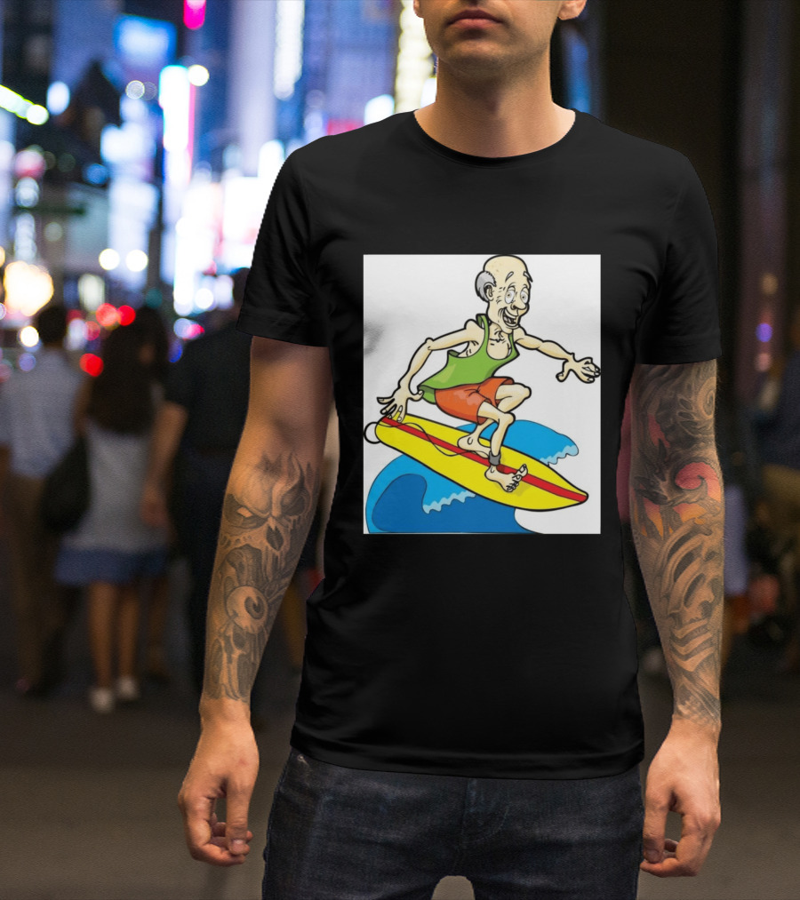 Retired Man Surfing Funny Cartoon Boomer On Yellow Board With Blue Waves T-Shirt