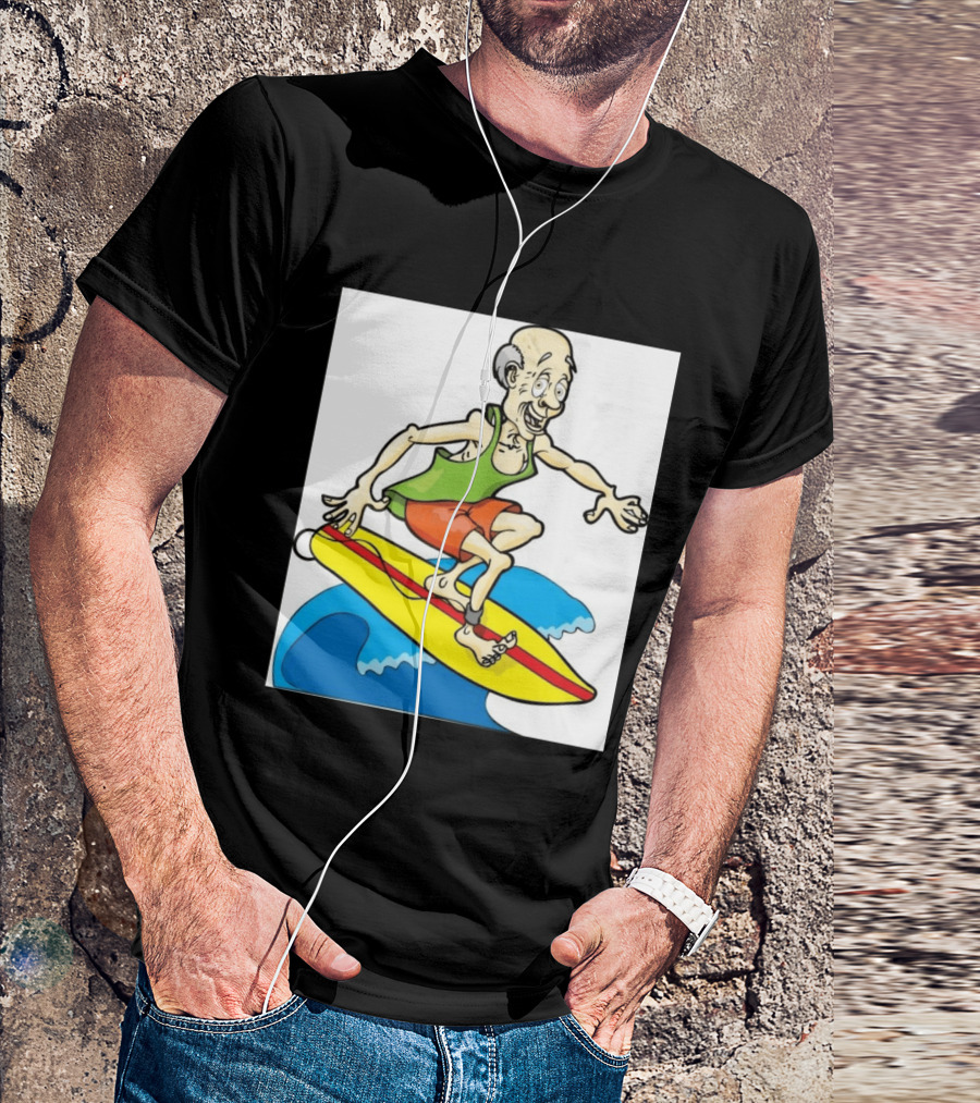 Retired Man Surfing Funny Cartoon Boomer On Yellow Board With Blue Waves T-Shirt