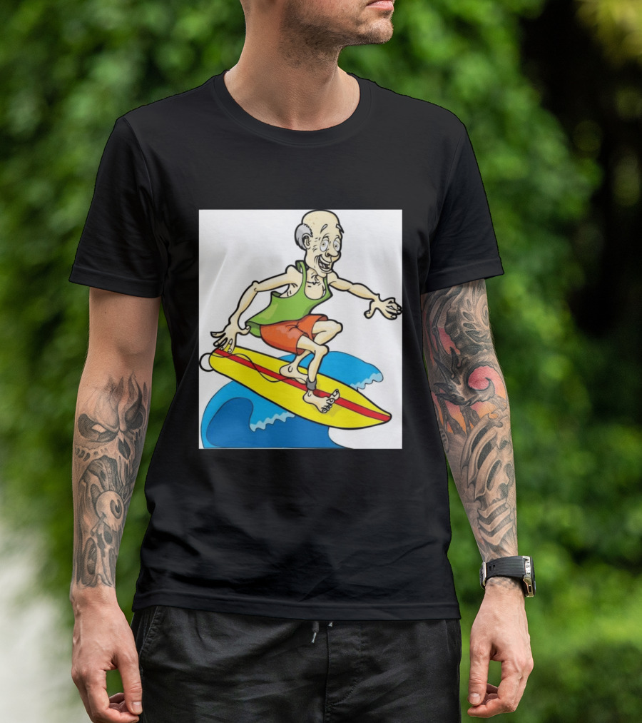Retired Man Surfing Funny Cartoon Boomer On Yellow Board With Blue Waves T-Shirt