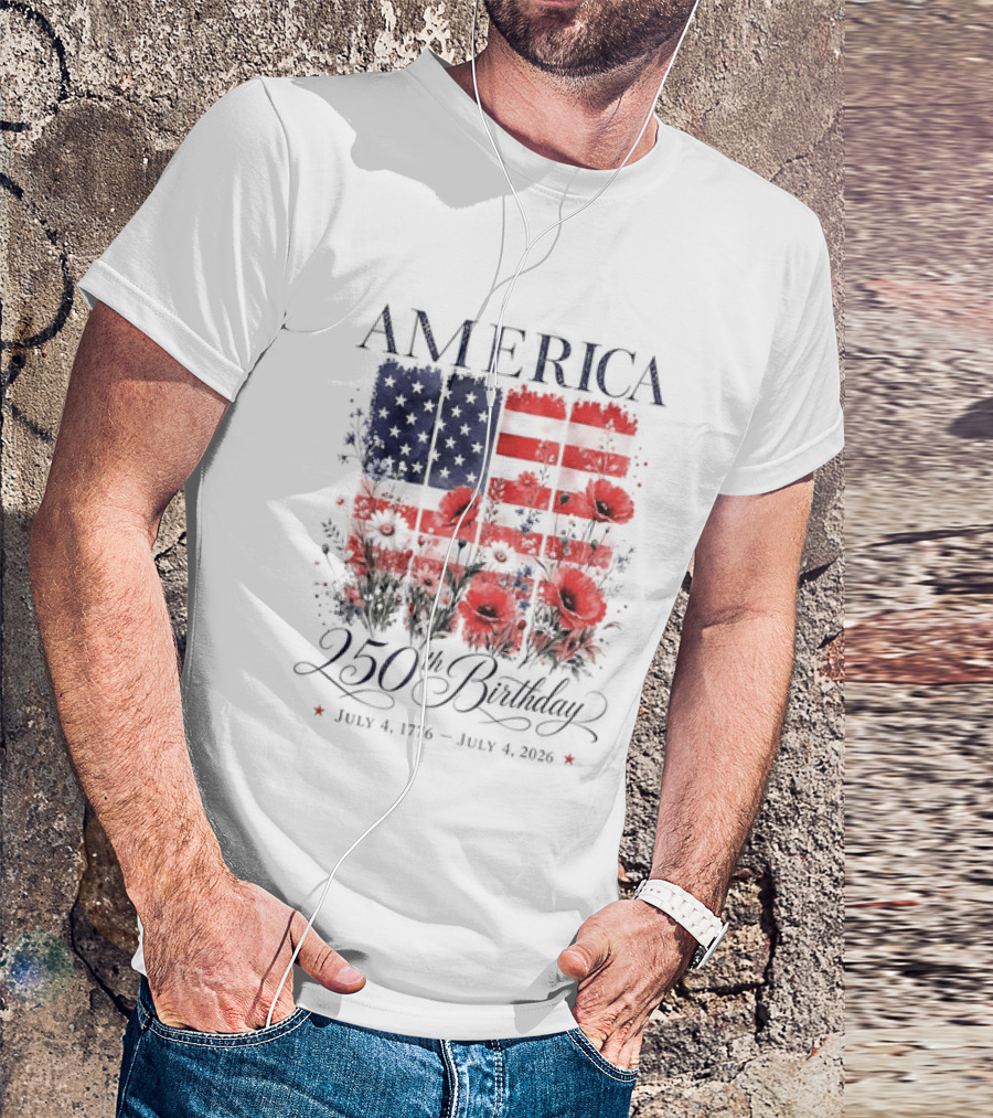 America 250th Birthday July 4 1776 2026 Floral Flag T-Shirt