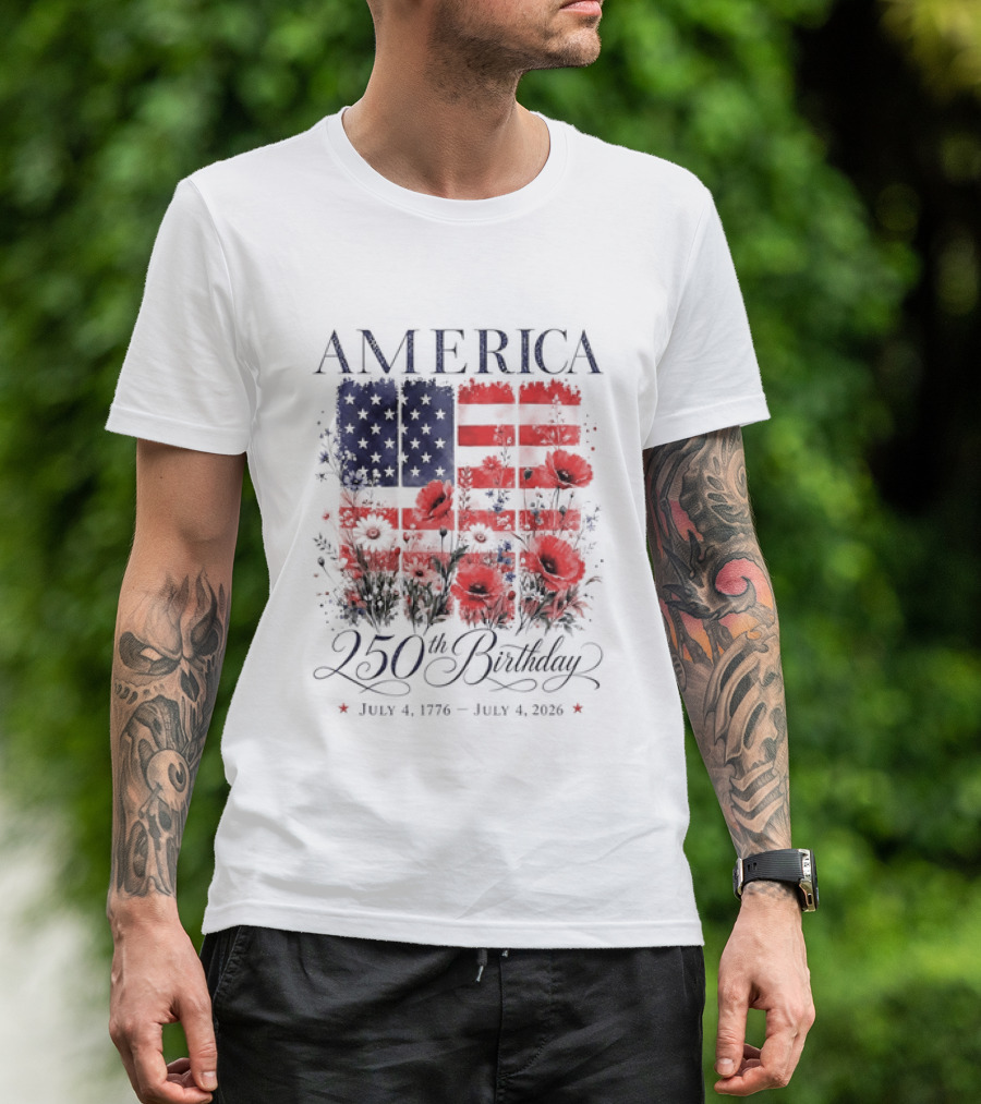 America 250th Birthday July 4 1776 2026 Floral Flag T-Shirt