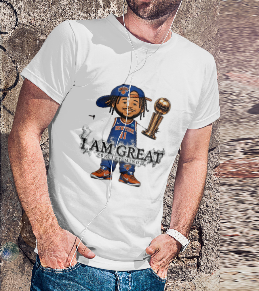 New York Knicks Jalen Brunson I Am Great Big Head Stick Hand Trophy T-Shirt