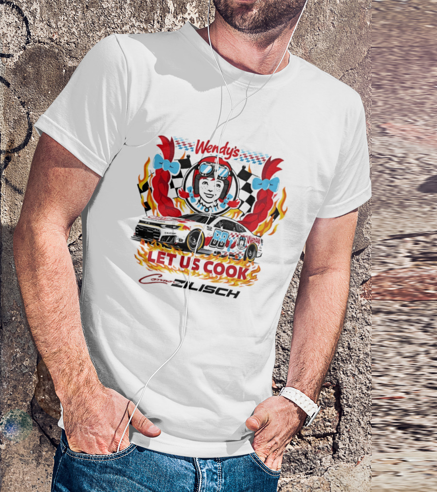 Wendy's Let Us Cook Connor Zilisch Racing Car Flames And Checkered Flag T-Shirt