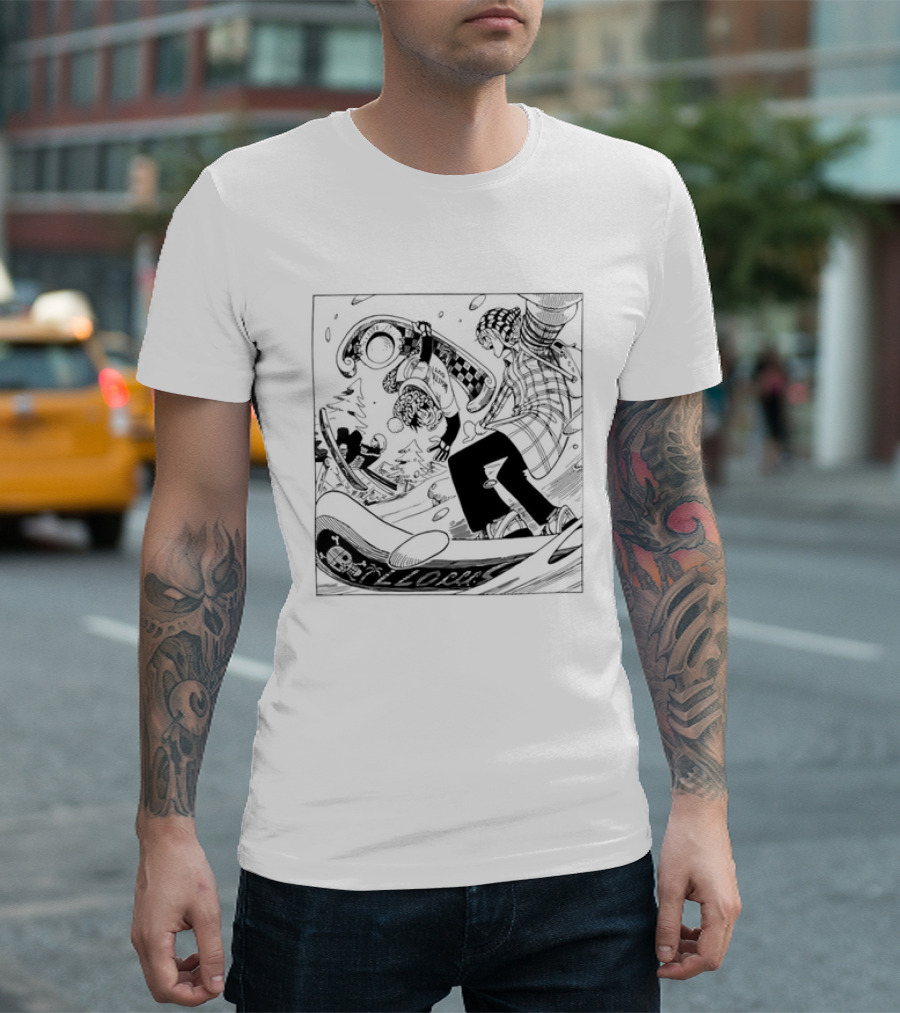 Snowboarding One Piece Crew Manga Style Action White Out Winter Scene T-Shirt