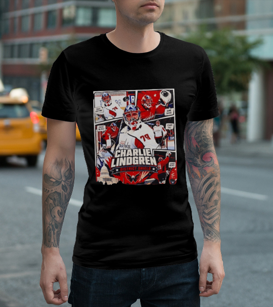 Charlie Lindgren Capitals District Shield Comic Style Hockey Action T-Shirt