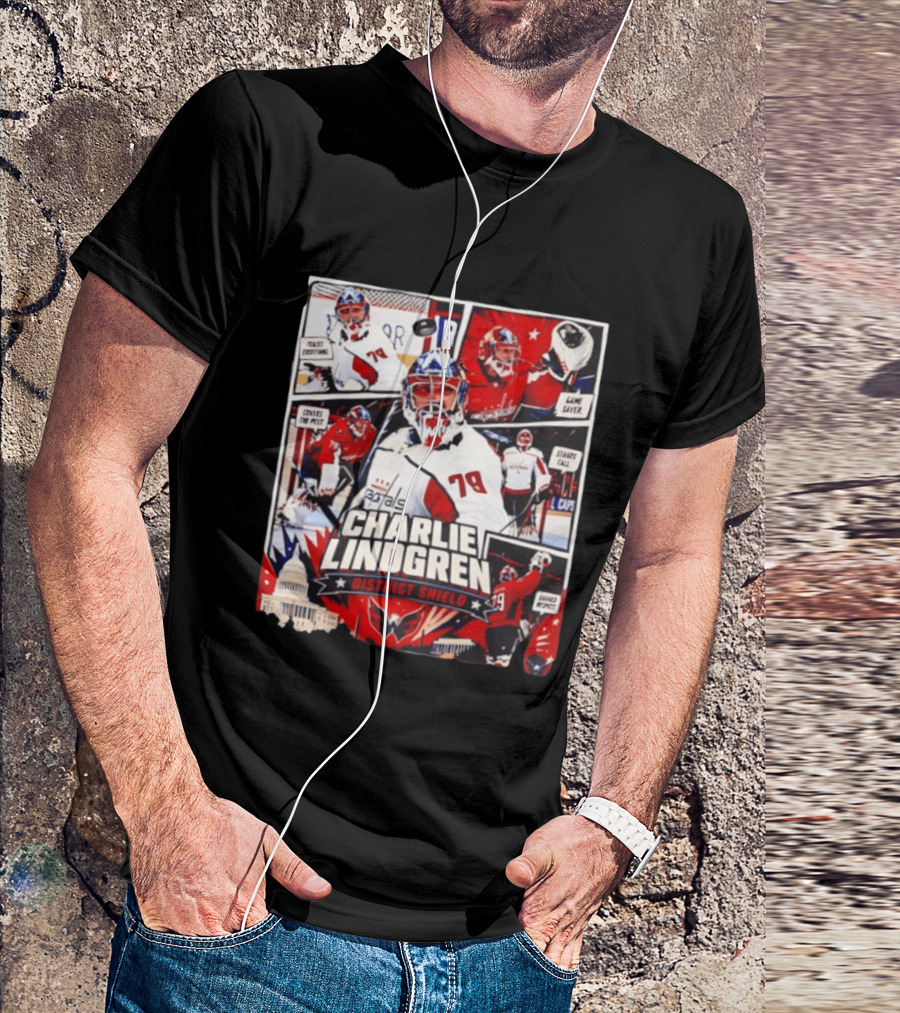 Charlie Lindgren Capitals District Shield Comic Style Hockey Action T-Shirt