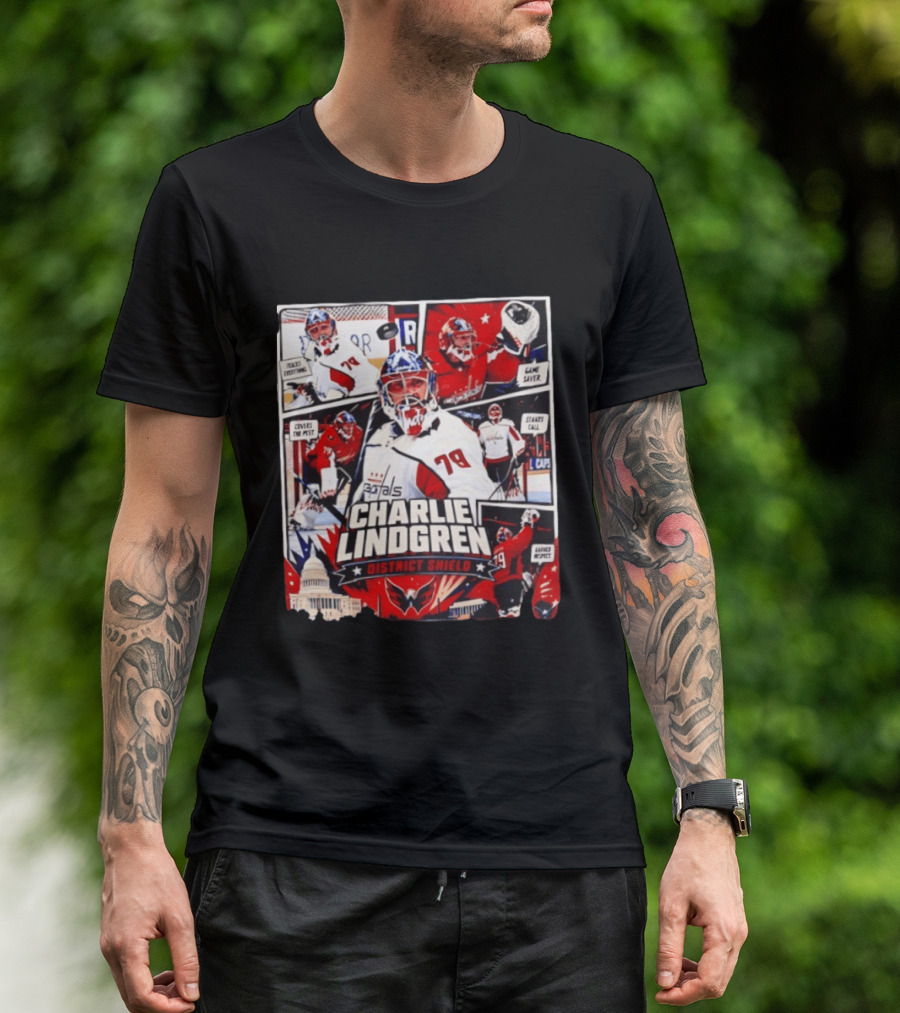 Charlie Lindgren Capitals District Shield Comic Style Hockey Action T-Shirt