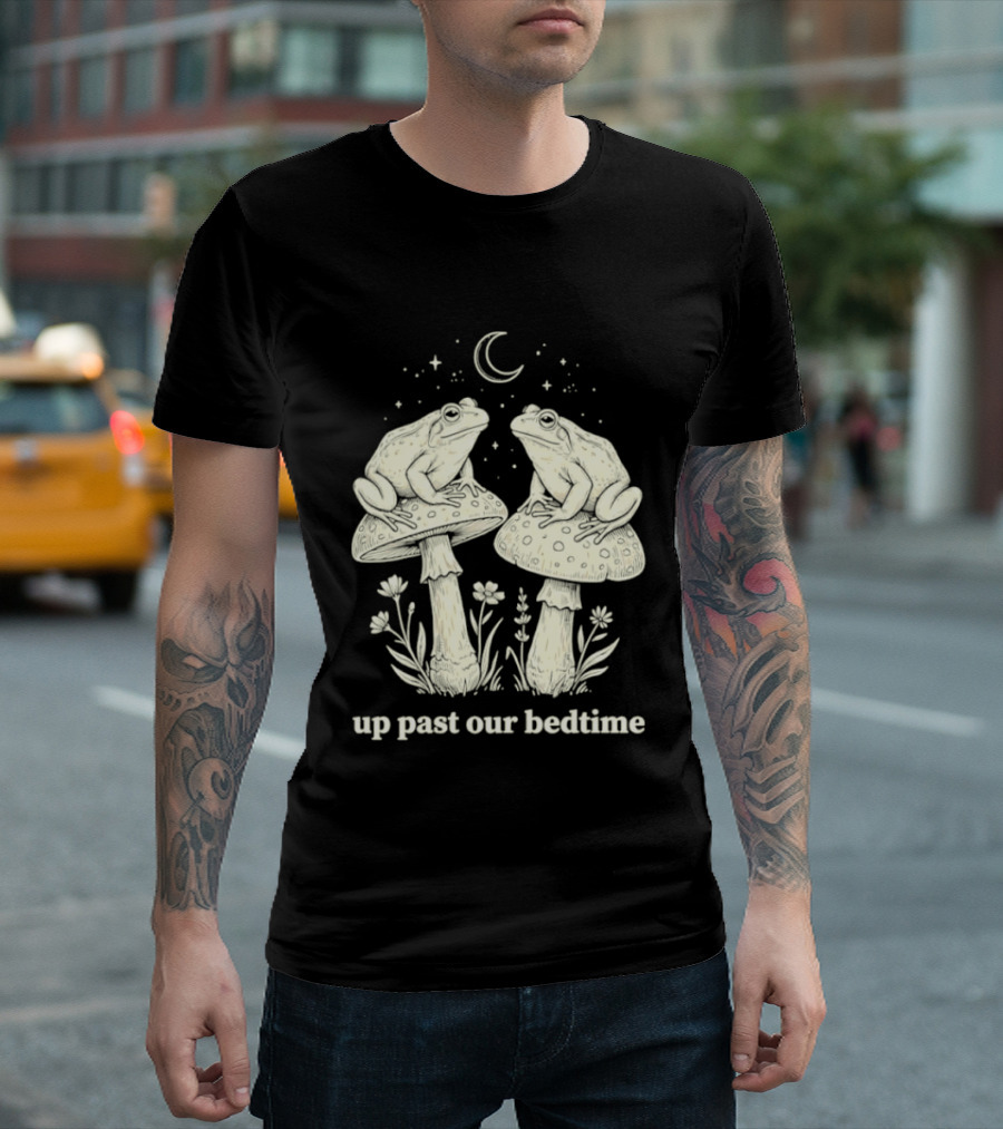 Two Frogs On Mushrooms Up Past Our Bedtime Night Sky Moon Stars T-Shirt