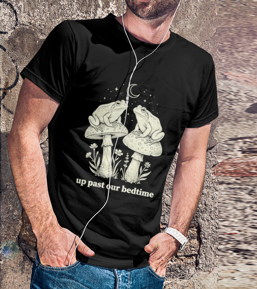 Two Frogs On Mushrooms Up Past Our Bedtime Night Sky Moon Stars T-Shirt