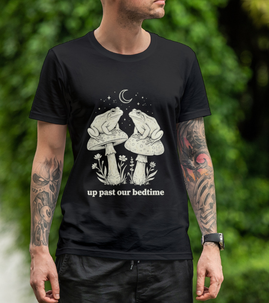Two Frogs On Mushrooms Up Past Our Bedtime Night Sky Moon Stars T-Shirt