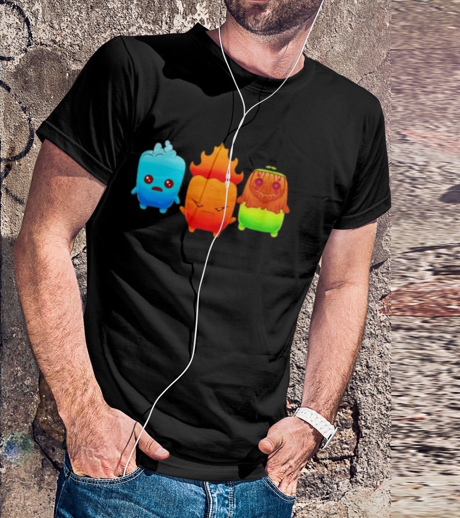 Water Fire And Earth Elemental Creatures Fireboy And Watergirl Cute Characters T-Shirt