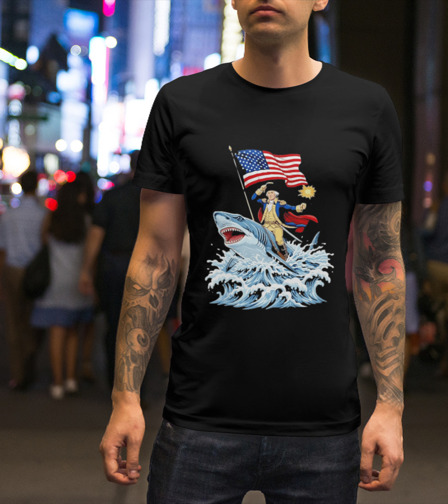 Shark Riding George Washington With American Flag Patriotic 4th Of July T-Shirt