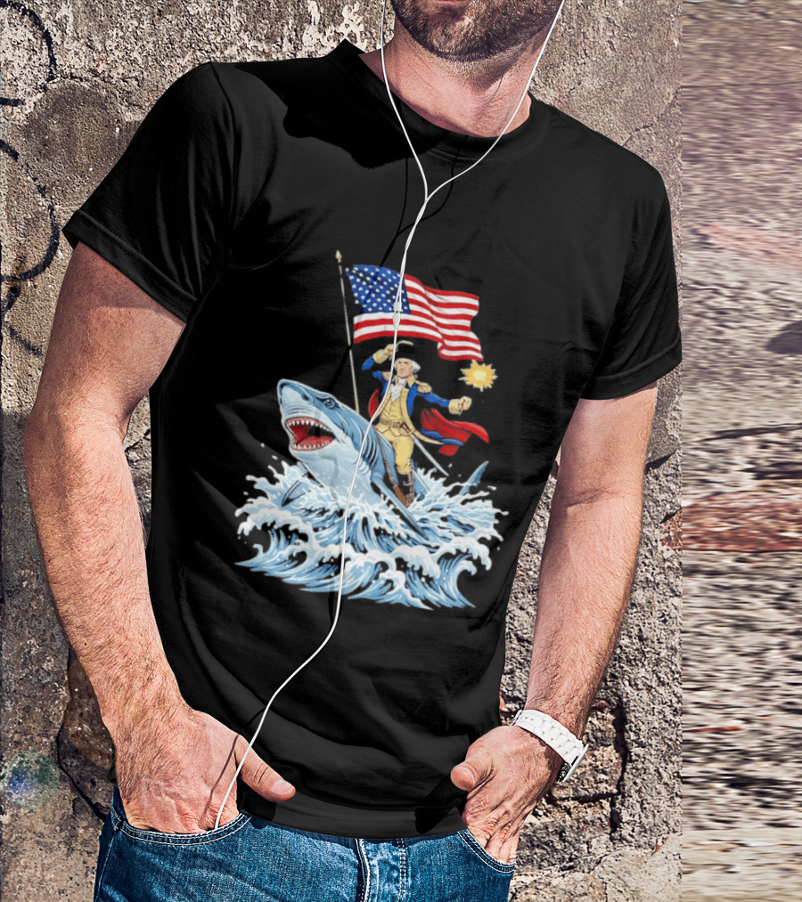 Shark Riding George Washington With American Flag Patriotic 4th Of July T-Shirt