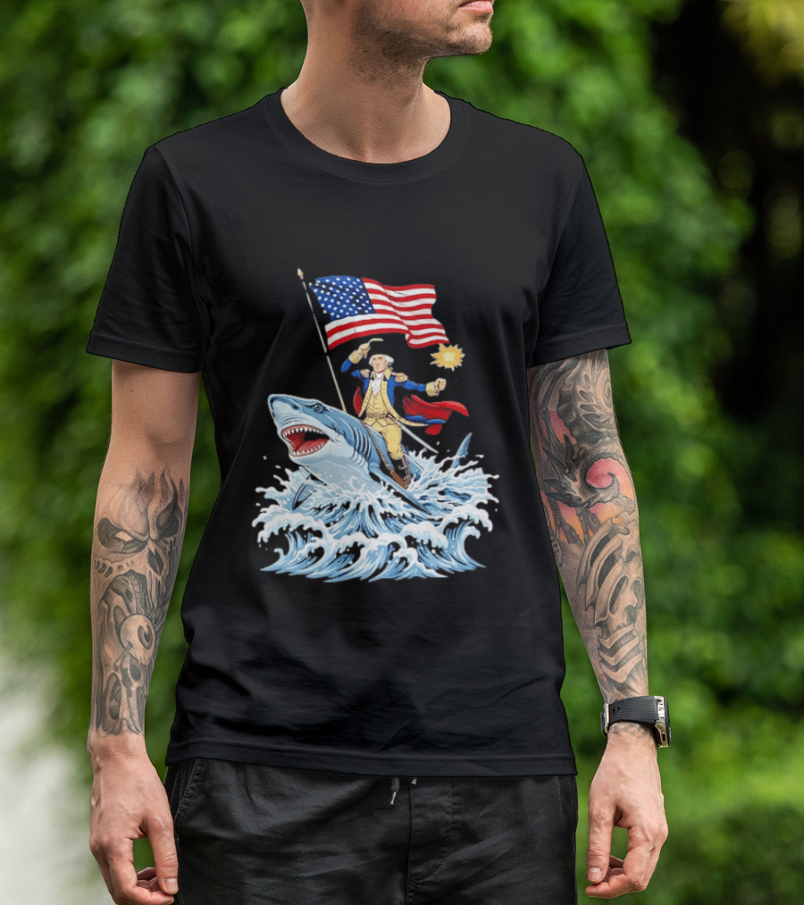 Shark Riding George Washington With American Flag Patriotic 4th Of July T-Shirt