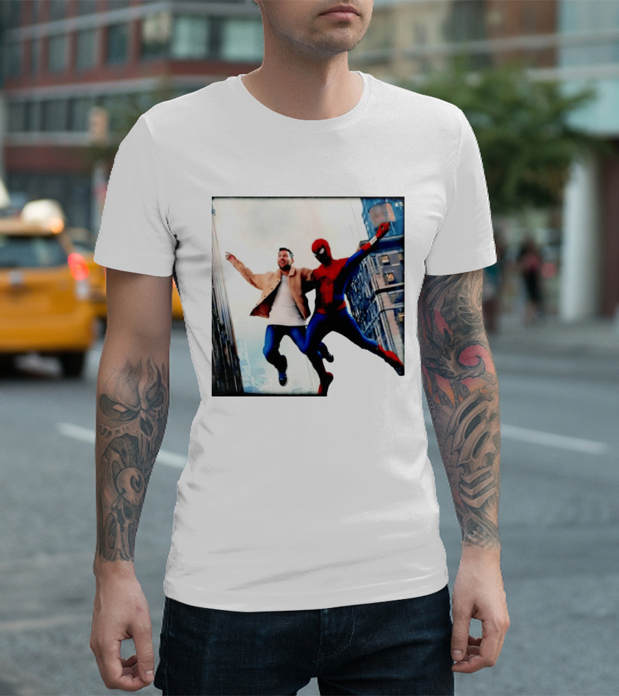 Lionel Messi And Spider Man Jump In City Marvel Cinematic Universe T-Shirt