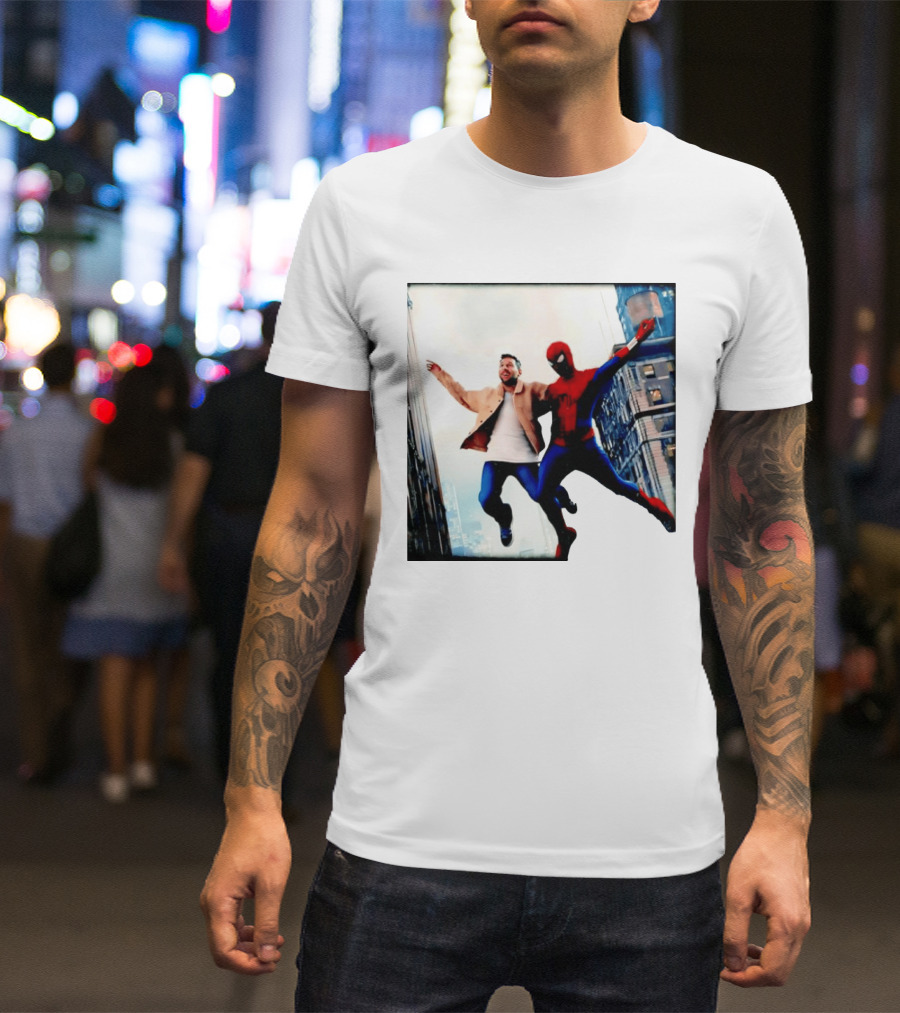 Lionel Messi And Spider Man Jump In City Marvel Cinematic Universe T-Shirt