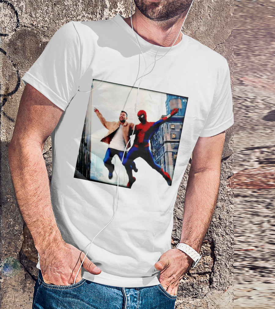 Lionel Messi And Spider Man Jump In City Marvel Cinematic Universe T-Shirt