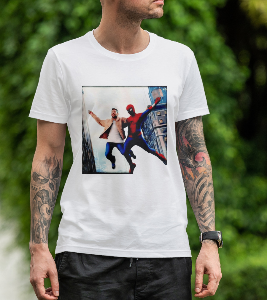 Lionel Messi And Spider Man Jump In City Marvel Cinematic Universe T-Shirt