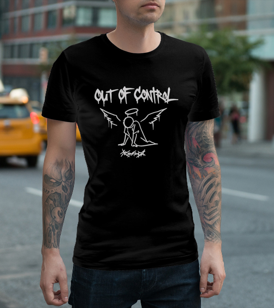 Out Of Control Angel Cowering Scribble White Outline Halo Wings T-Shirt