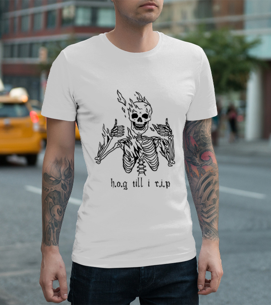 Hog Till I Rip Skeleton Flaming Skull Paint T-Shirt