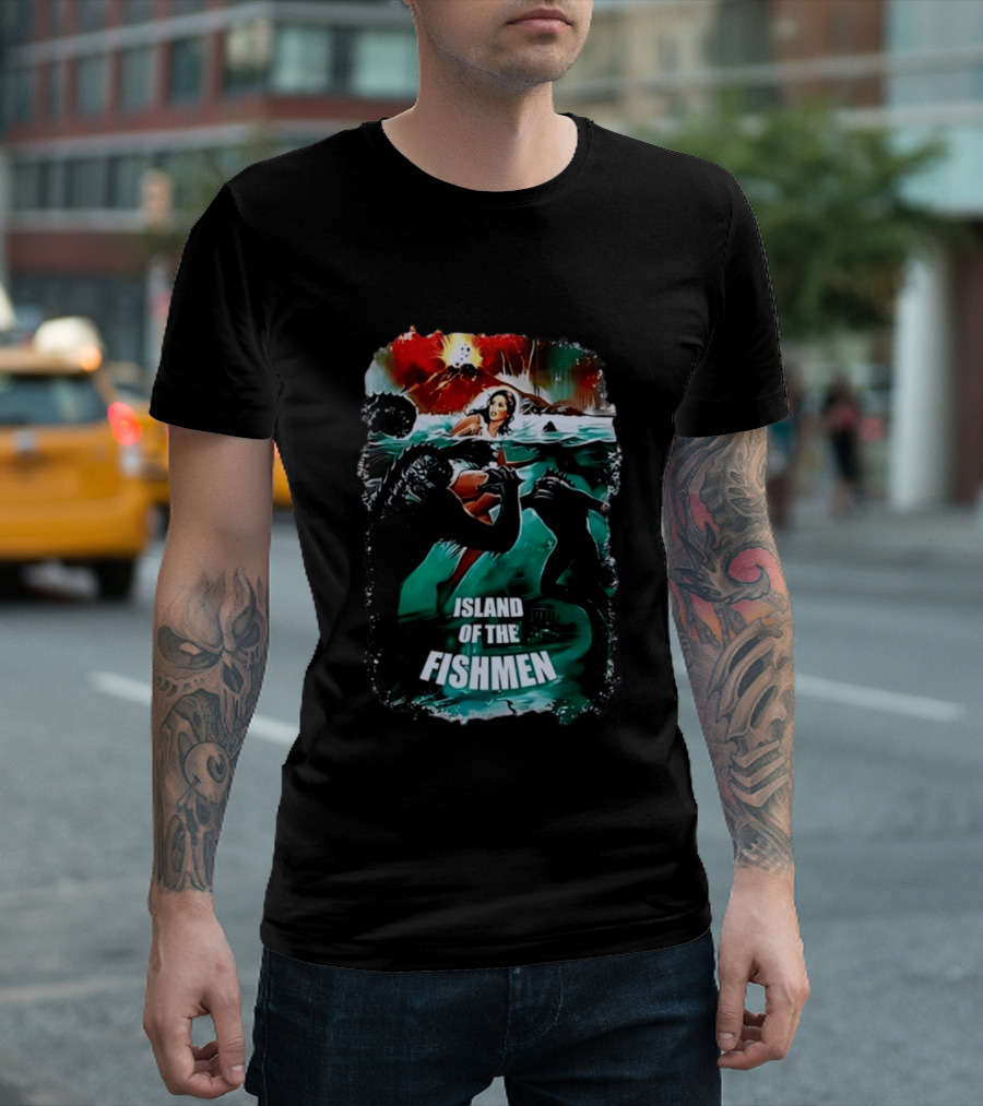 Island Of The Fishmen Vintage Movie Scene With Sea Monsters And Volcano T-Shirt