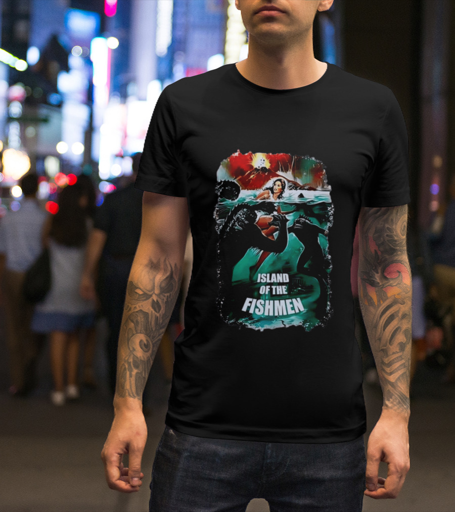 Island Of The Fishmen Vintage Movie Scene With Sea Monsters And Volcano T-Shirt