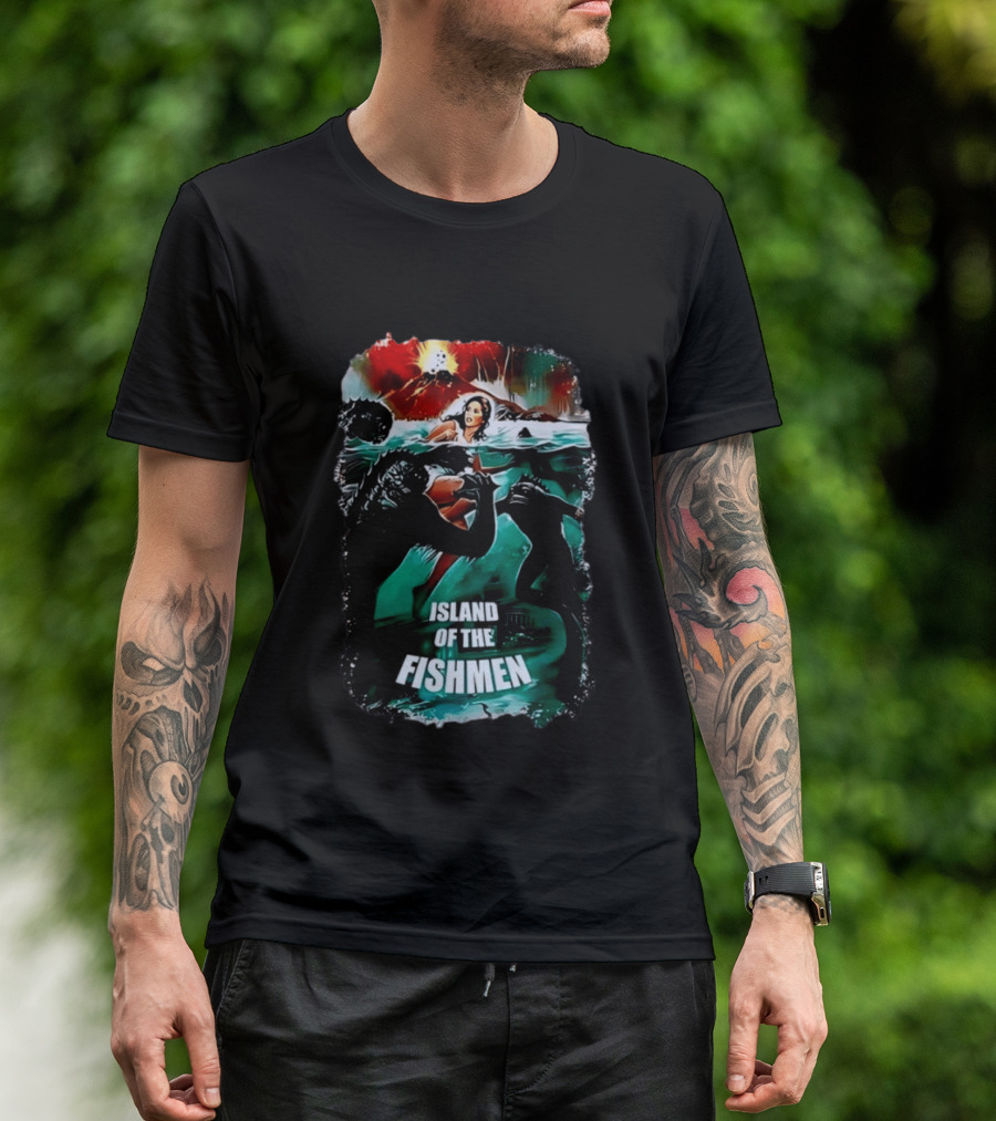 Island Of The Fishmen Vintage Movie Scene With Sea Monsters And Volcano T-Shirt