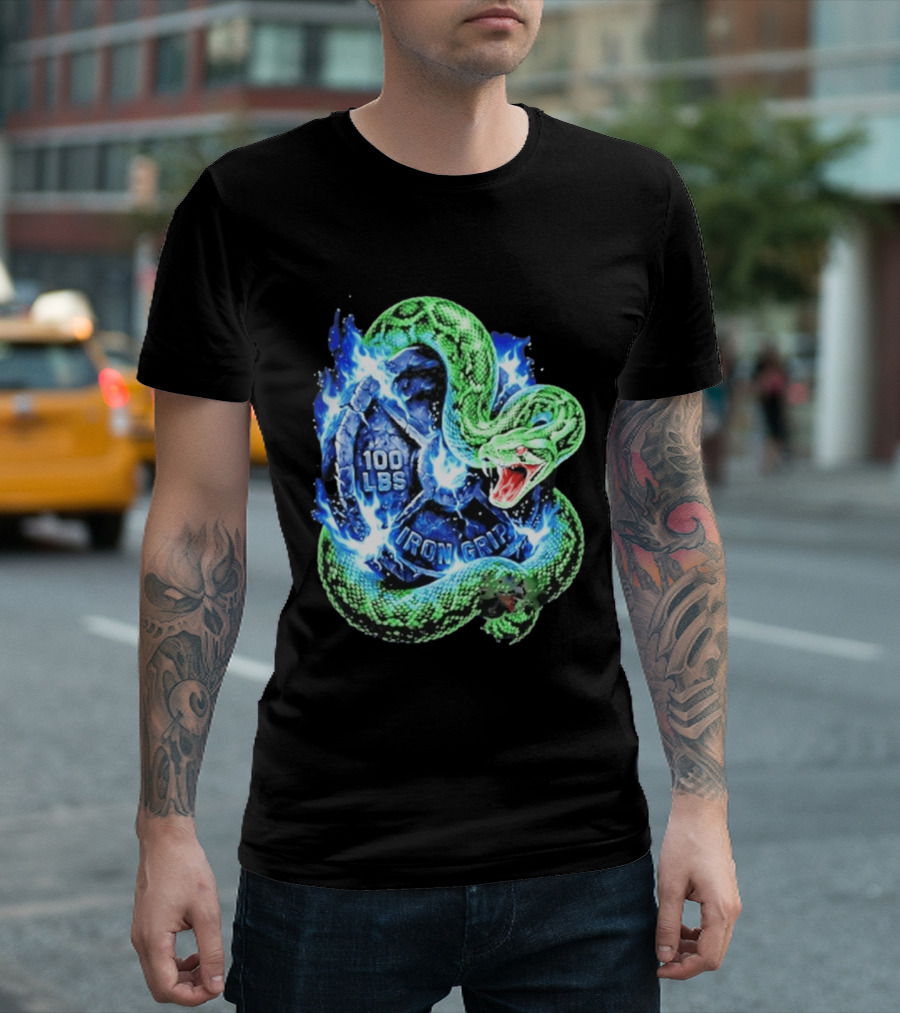 100 Lbs Iron Grip Snake With Lightning And Dumbbell T-Shirt