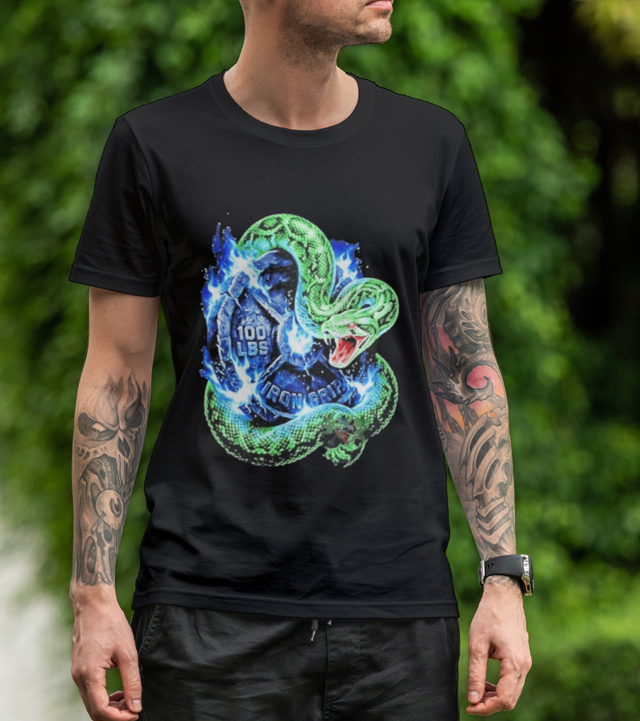 100 Lbs Iron Grip Snake With Lightning And Dumbbell T-Shirt