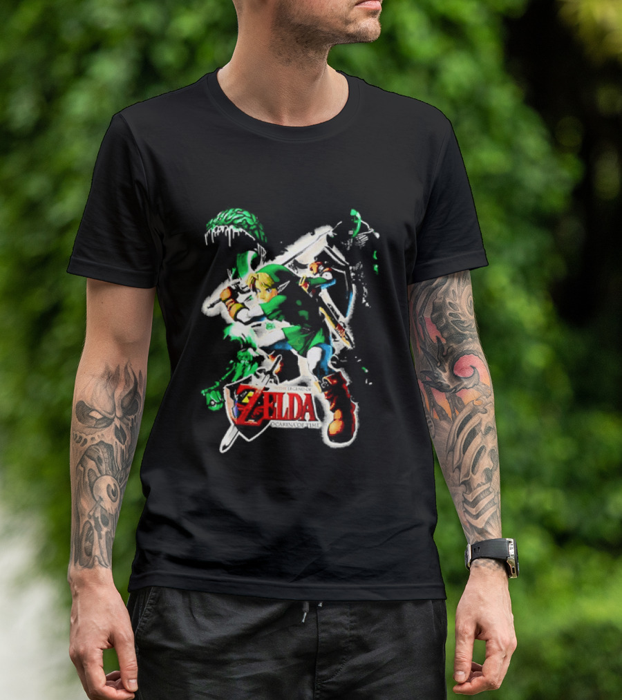 Legend Of Zelda Ocarina Of Time Link Fighting Enemies T-Shirt