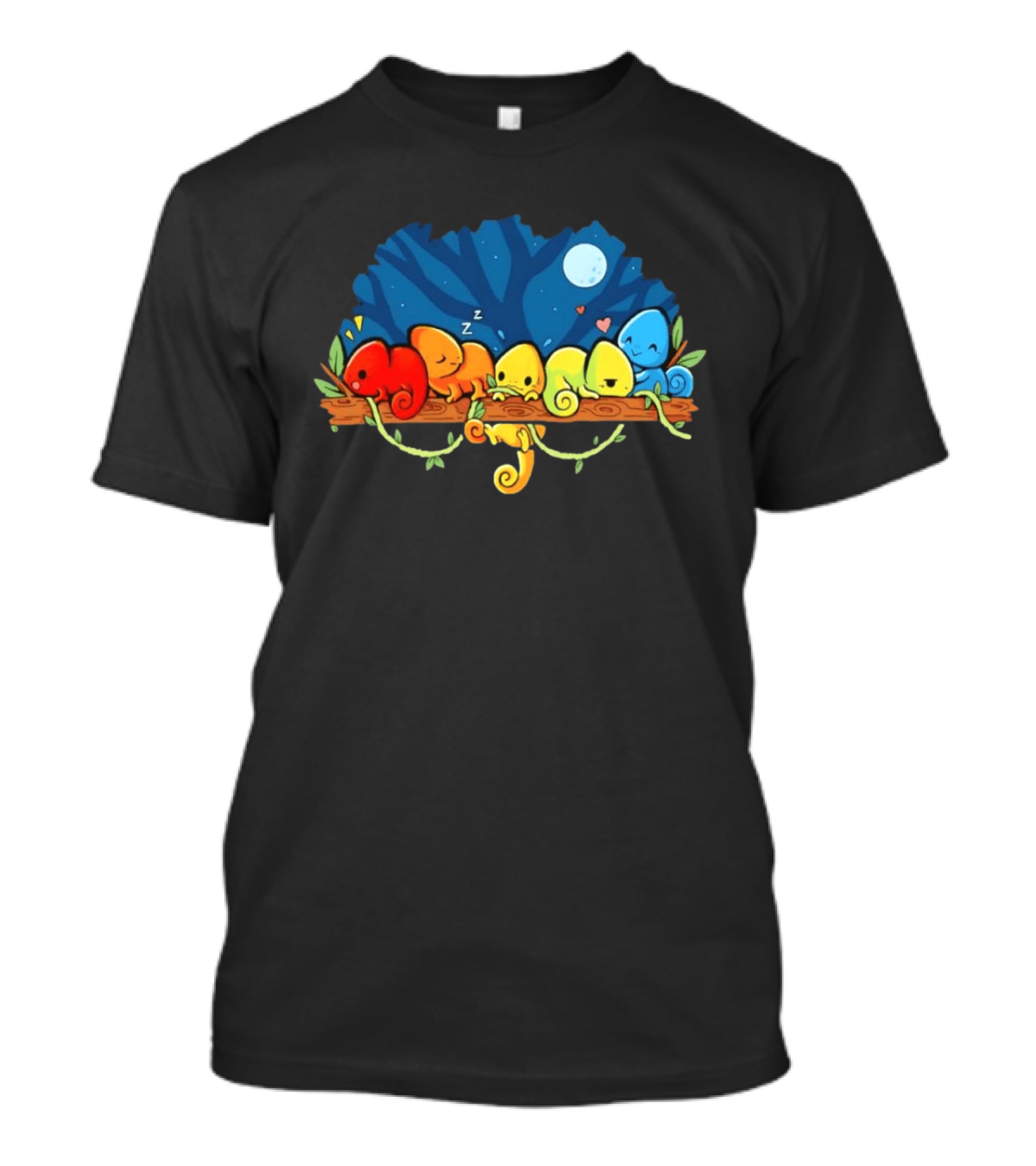 Colorful Chameleons Sitting On A Tree Branch Under Night Sky With Moon And Hearts T-Shirt