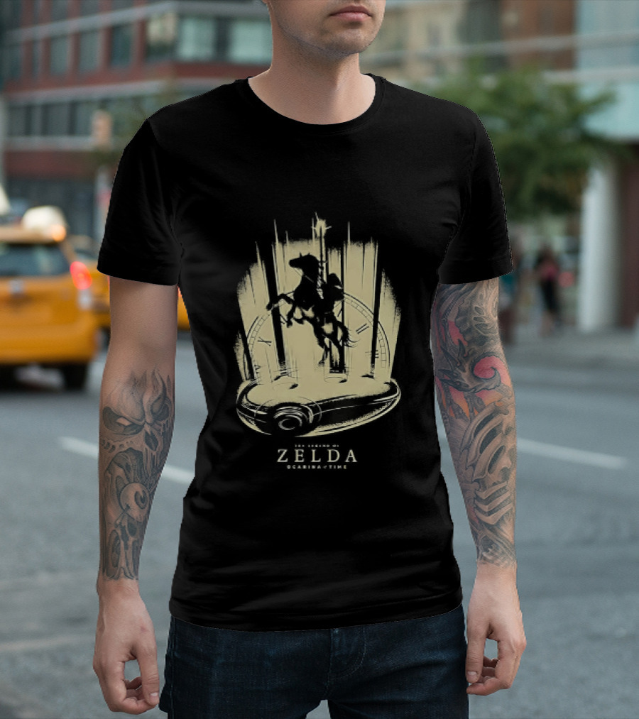 Link Riding Epona Castle Background Zelda Ocarina Of Time T-Shirt