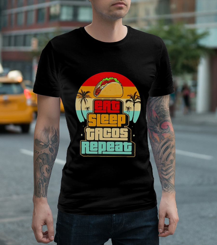Eat Sleep Tacos Repeat Gaming Retro Sunset Palm Trees T-Shirt