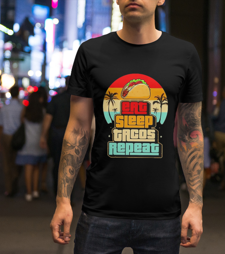 Eat Sleep Tacos Repeat Gaming Retro Sunset Palm Trees T-Shirt