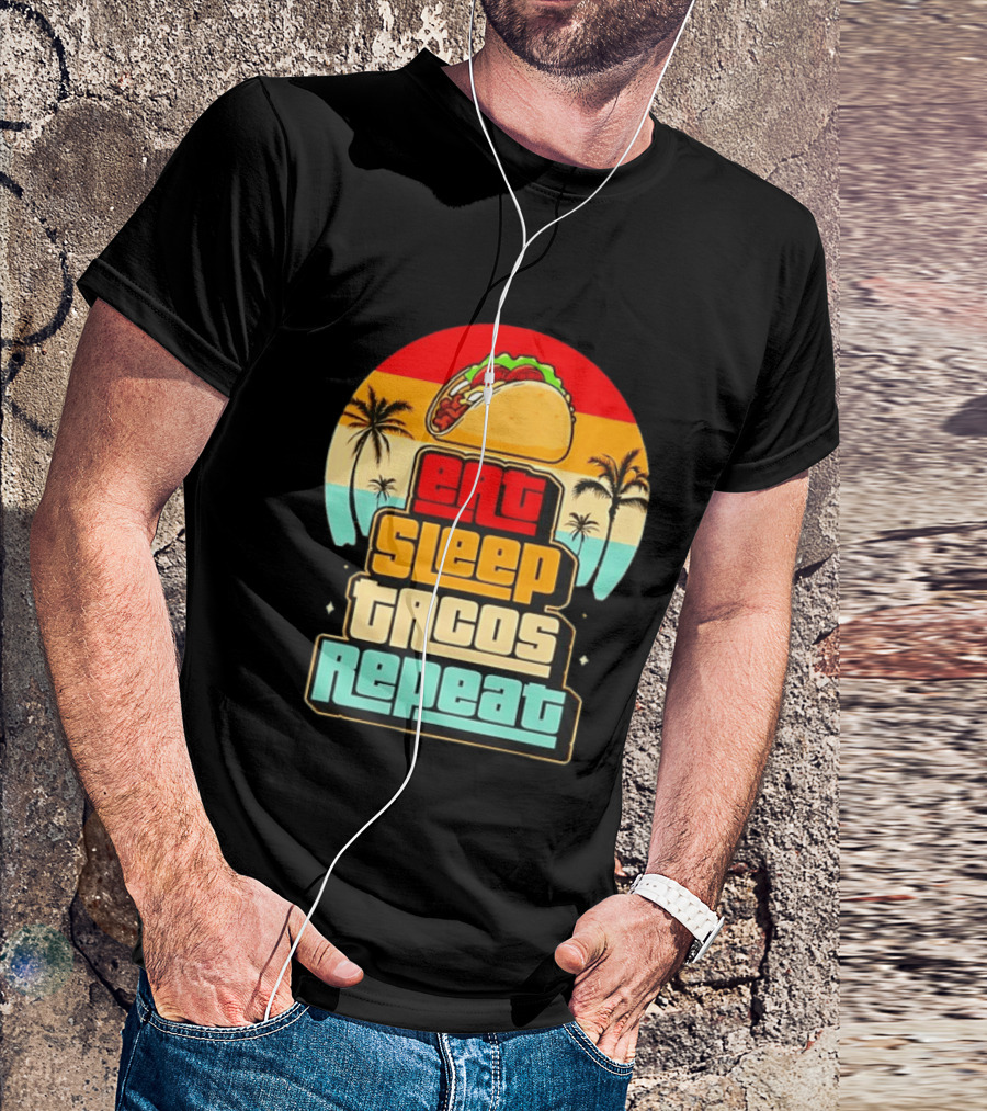 Eat Sleep Tacos Repeat Gaming Retro Sunset Palm Trees T-Shirt