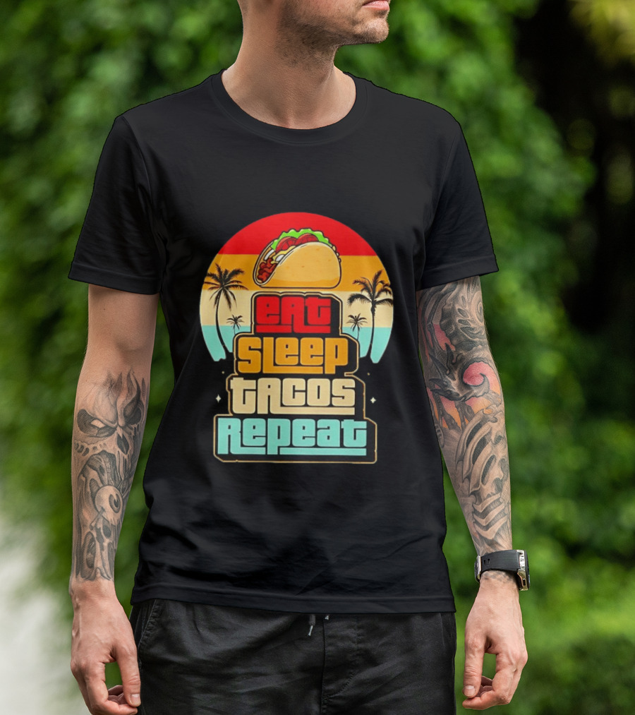 Eat Sleep Tacos Repeat Gaming Retro Sunset Palm Trees T-Shirt