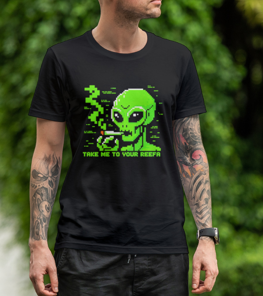 Take Me To Your Reefa Alien Smoking Pixel Art Green Extraterrestrial T-Shirt