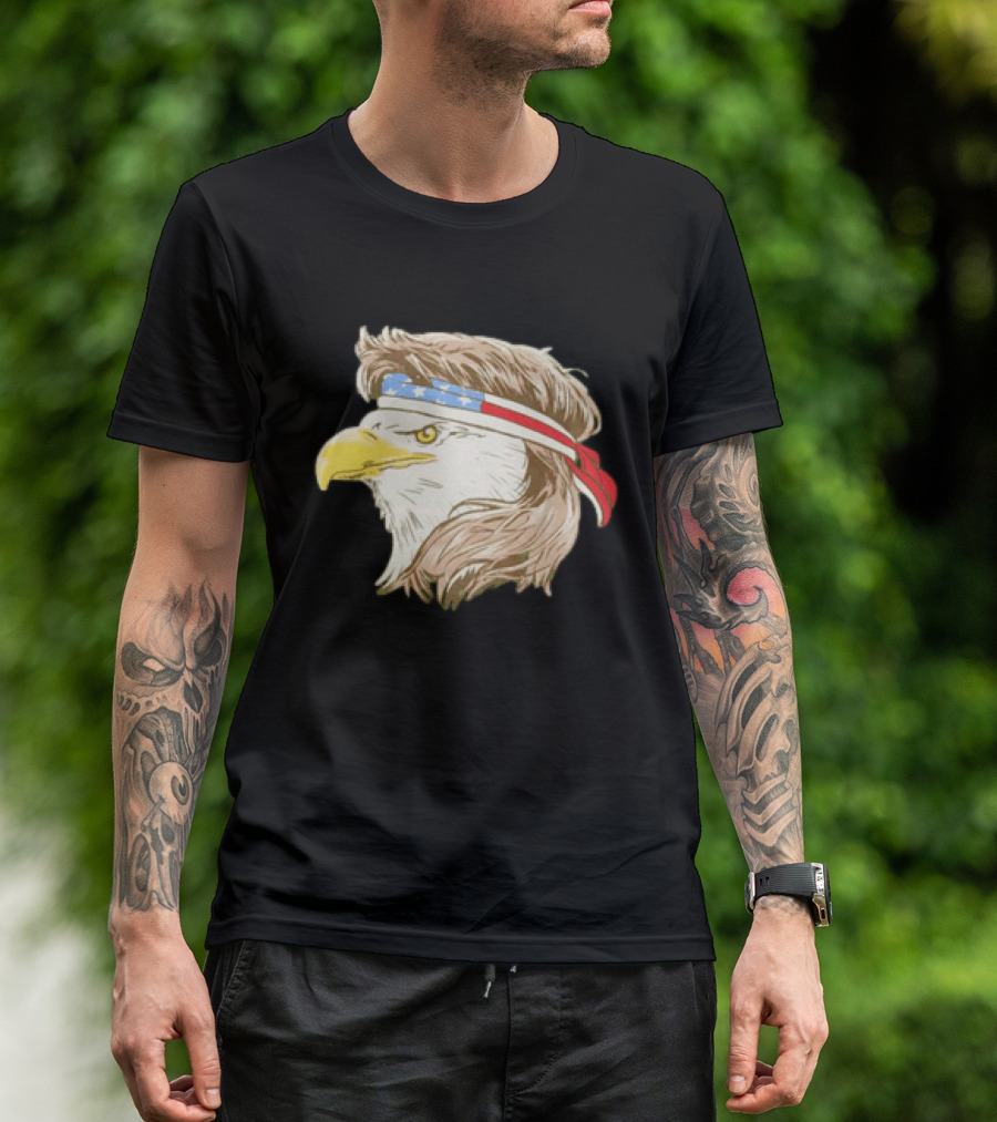 Bald Eagle With American Flag Bandana And Patriotic Hair T-Shirt