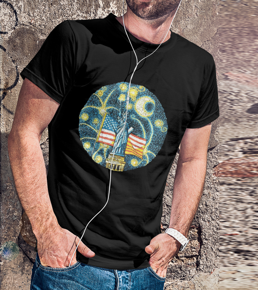 Statue Of Liberty USA Flag Firework Starry Night T-Shirt