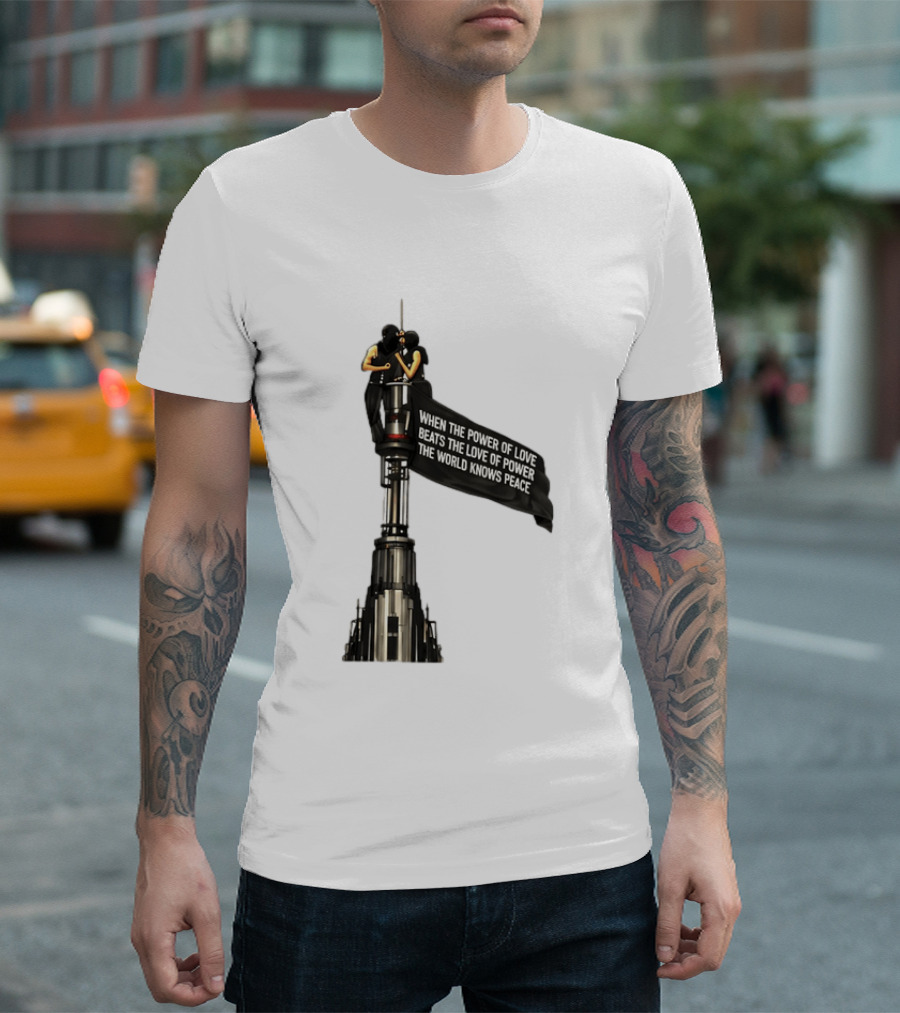 Angela Nikolau And Ivan Beerkus Love And Peace Flag On Empire State Building T-Shirt
