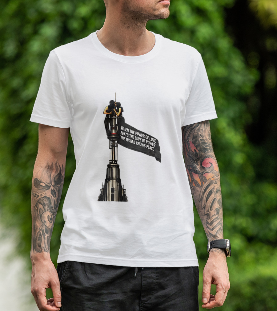 Angela Nikolau And Ivan Beerkus Love And Peace Flag On Empire State Building T-Shirt