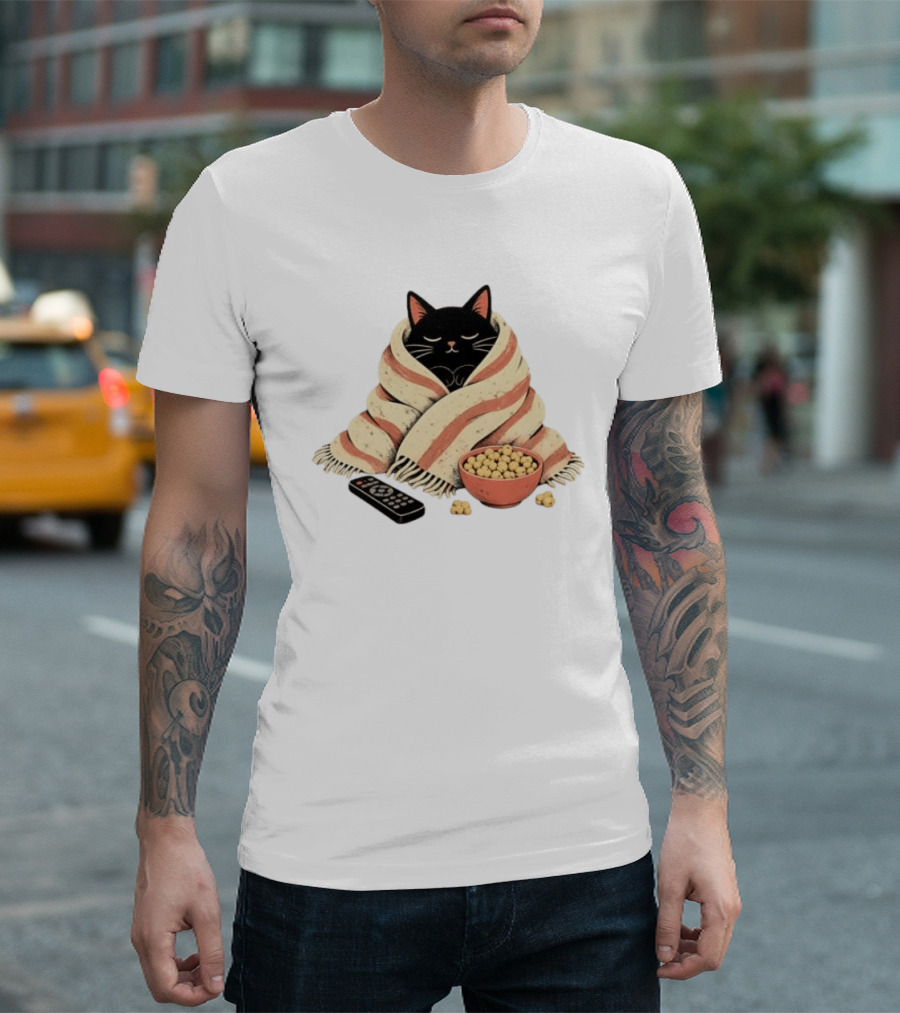Cozy Black Cat Wrapped In Blanket With Popcorn And Remote T-Shirt