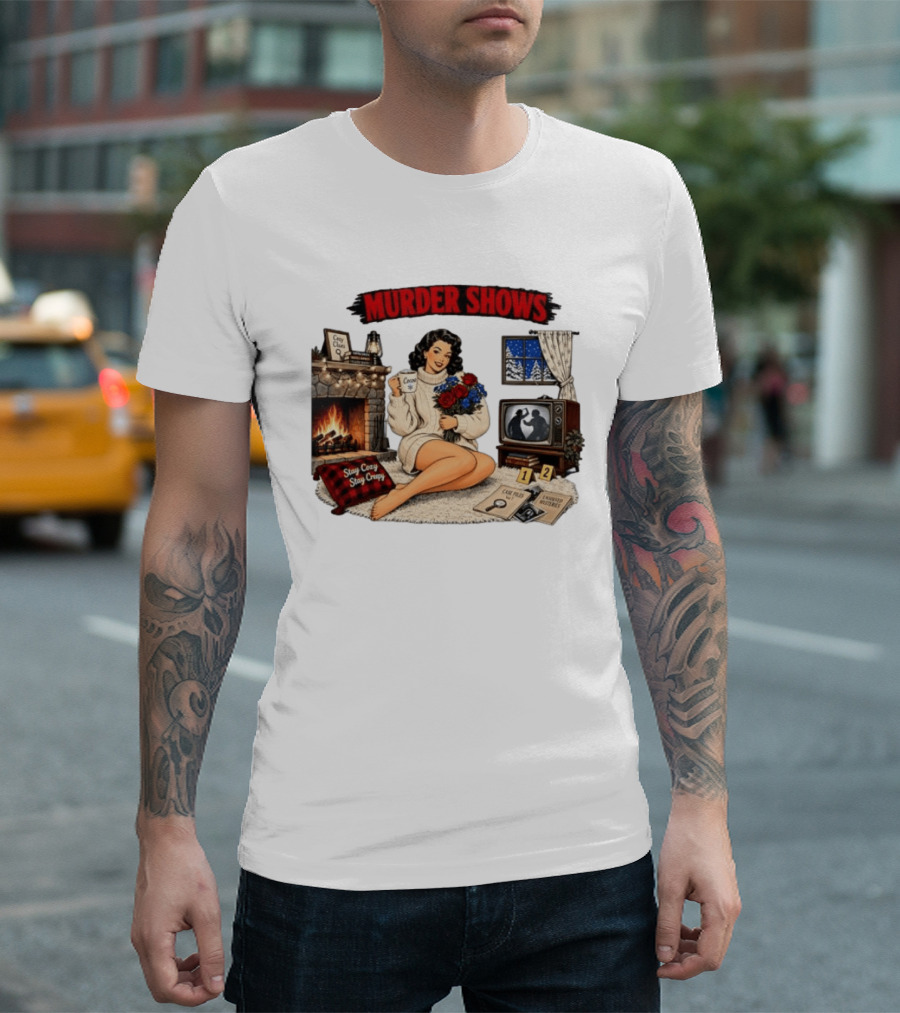 Murder Shows Cozy Creepy Mystery Scene With Fire, Roses, And Vintage TV T-Shirt